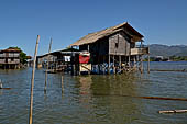 Inle Lake Myanmar. All the buildings are constructed on piles. Residents travel around by canoe, but there are also bamboo walkways and bridges over the canals, monasteries and stupas. 